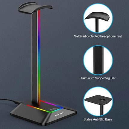 Headphone Holder With Built In USB Ports For Desk Organizer with soft-pad rest LED strip stable anti-slip base