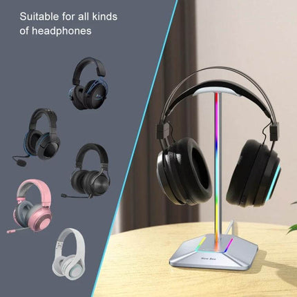 Headphone Holder With Built In USB Ports For Desk Organizer showing padded stand with RGB accents holding headphones