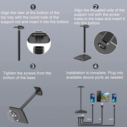 Headphone Holder With Built In USB Ports For Desk Organizer showing assembly steps, base, riser, padded hook and USB connections