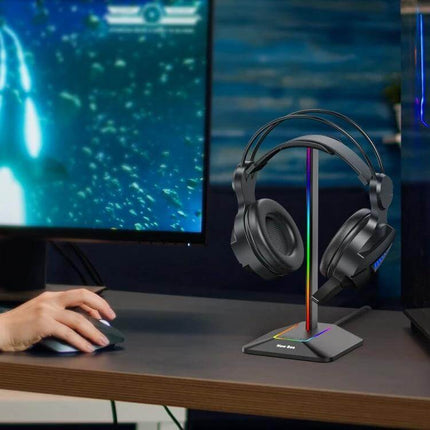 Headphone Holder With Built In USB Ports For Desk Organizer showing padded bracket with RGB stand on desktop