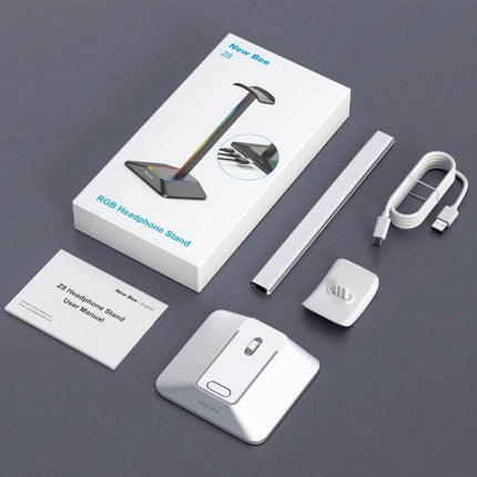 Headphone Holder With Built In USB Ports For Desk Organizer showing padded stand, USB cable, base, and packaging for desktop use