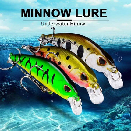 Proberos Sinking Minnow Lure Long Casting For Freshwater - three ABS plastic sinking minnow crankbaits in green, yellow, brown shown over underwater background