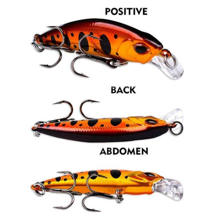 Proberos Sinking Minnow Lure Long Casting For Freshwater compact 5.3cm orange spotted ABS sinking minnow shown positive back abdomen views
