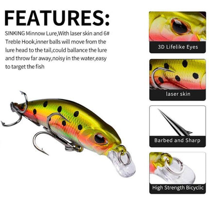 Proberos Sinking Minnow Lure Long Casting For Freshwater compact 5.3cm ABS sinking minnow with laser skin, 3D eyes and treble hooks
