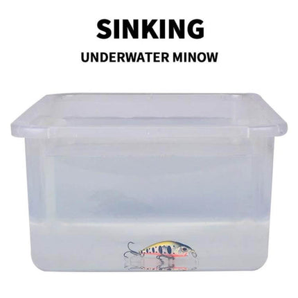 Proberos Sinking Minnow Lure Long Casting For Freshwater compact ABS plastic sinking minnow displayed in clear water tank, natural wobble baitfish action