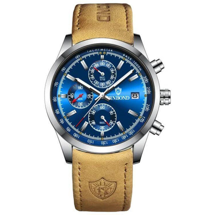 Binbond Classic Waterproof Luminous Quartz Watch for Daily Wear - blue dial, metal case, tan cowhide leather strap