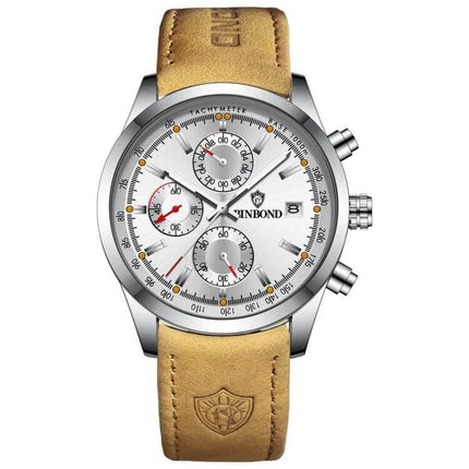 Binbond Classic Waterproof Luminous Quartz Watch for Daily Wear - silver metal case chronograph with tan cowhide leather strap