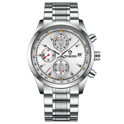Binbond Classic Waterproof Luminous Quartz Watch for Daily Wear stainless steel case and bracelet with luminous hands and chronograph subdials