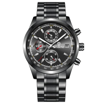 Binbond Classic Waterproof Luminous Quartz Watch for Daily Wear - black metal case with steel bracelet and luminous hands
