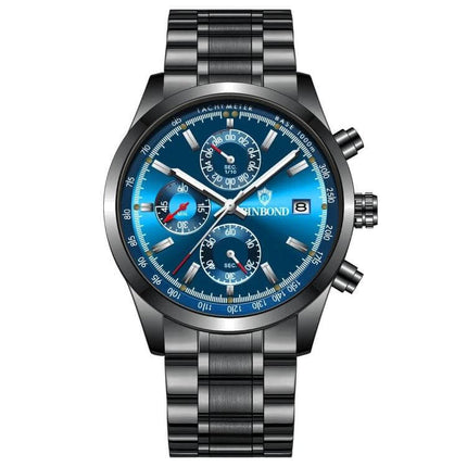 Binbond Classic Waterproof Luminous Quartz Watch for Daily Wear - blue dial stainless steel chronograph with metal bracelet