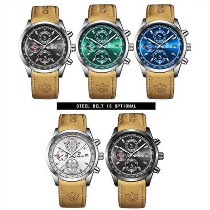 Binbond Classic Waterproof Luminous Quartz Watch for Daily Wear - five color dials with metal case and tan cowhide leather straps