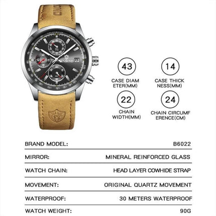 Binbond Classic Waterproof Luminous Quartz Watch for Daily Wear with black dial, stainless metal case and tan cowhide leather strap