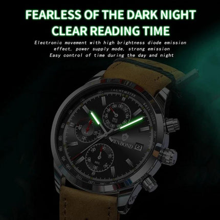 Binbond Classic Waterproof Luminous Quartz Watch for Daily Wear - metal case with luminous hands and brown leather strap, clear night-time readability