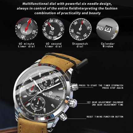 Binbond Classic Waterproof Luminous Quartz Watch for Daily Wear with metal case, leather strap, stopwatch dials and calendar window
