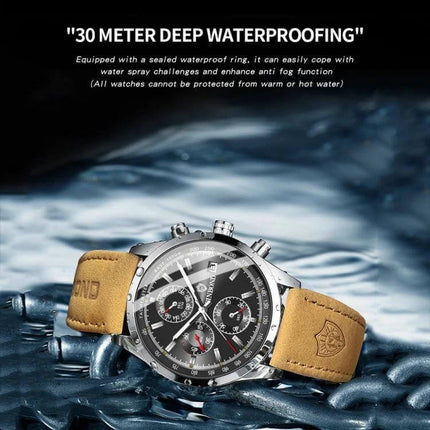 Binbond Classic Waterproof Luminous Quartz Watch for Daily Wear with metal case and tan leather strap shown on wet surface