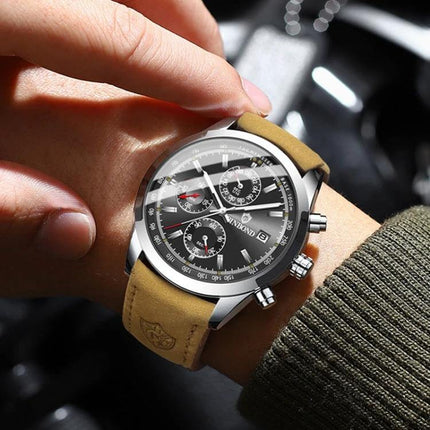 Binbond Classic Waterproof Luminous Quartz Watch for Daily Wear on wrist with metal case and tan leather strap
