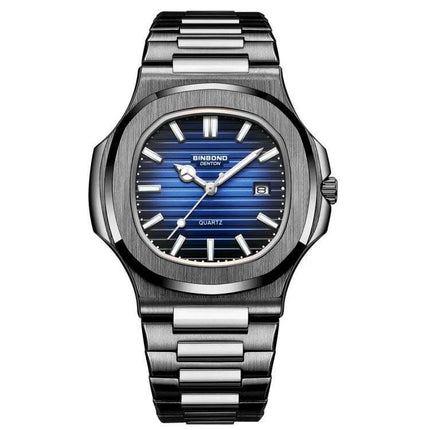 Binbond Men's Retro Luminous Square Quartz Watch in Various Colors - stainless steel square case with blue luminous dial and metal strap