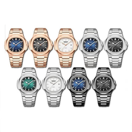 Binbond Men's Retro Luminous Square Quartz Watch in Various Colors - lineup of metal square-case watches with steel straps and luminous dials
