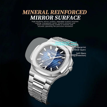 Binbond Men's Retro Luminous Square Quartz Watch in Various Colors showing silver square metal case and steel strap with luminous dial and mineral reinforced mirror surface