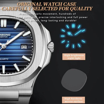 Binbond Men's Retro Luminous Square Quartz Watch in Various Colors close-up showing blue textured dial, steel square case, luminous hands and markers