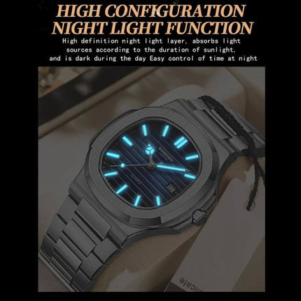 Binbond Men's Retro Luminous Square Quartz Watch in Various Colors showing luminous blue dial markers on steel strap for night visibility