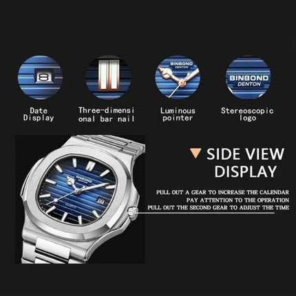 Binbond Men's Retro Luminous Square Quartz Watch in Various Colors silver steel strap luminous dial side view display