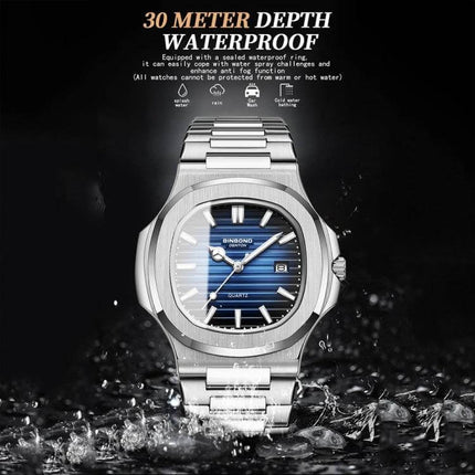 Binbond Men's Retro Luminous Square Quartz Watch in Various Colors stainless steel square case with blue luminous dial and metal strap, 30m waterproof