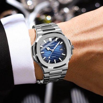 Binbond Men's Retro Luminous Square Quartz Watch in Various Colors - silver steel strap on wrist with blue luminous dial, square metal case, everyday style