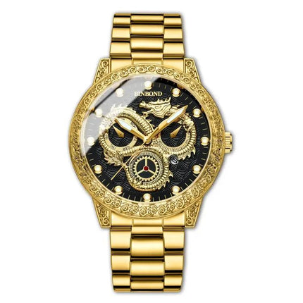 BINBOND Quartz Watch with Embossed Dragon Design