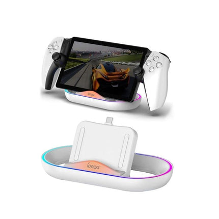 iPega Charging Base for Daily PlayStation Gaming at Home - white charging dock with PS Portal console and RGB lighting