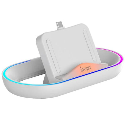 iPega Charging Base for Daily PlayStation Gaming at Home on white desk with RGB light ring and USB-C dock