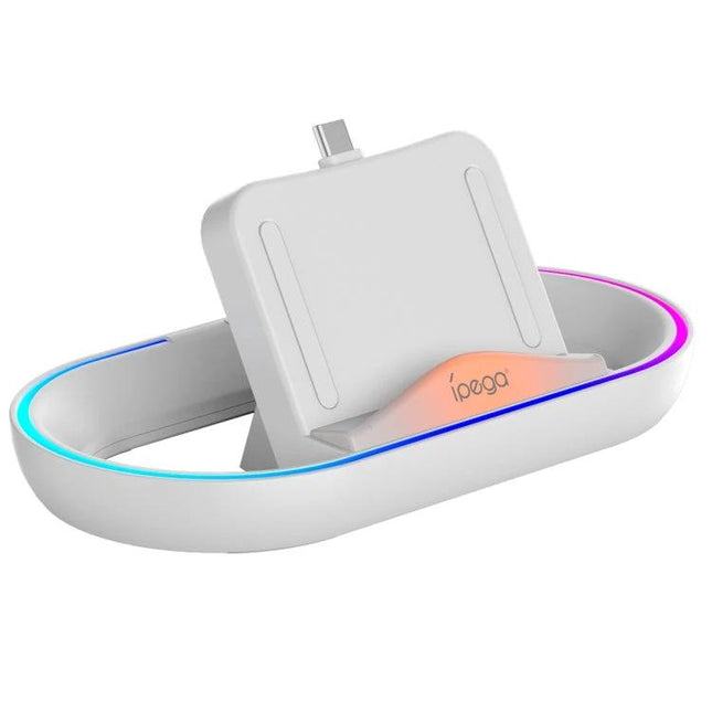 iPega Charging Base for Daily PlayStation Gaming at Home on white desk with RGB light ring and USB-C dock
