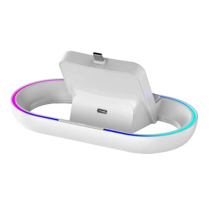iPega Charging Base for Daily PlayStation Gaming at Home white dock with RGB lighting and USB-C port for bedside or desk use