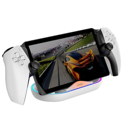 iPega Charging Base for Daily PlayStation Gaming at Home — PS Portal charging dock with ambient lights on bedside table