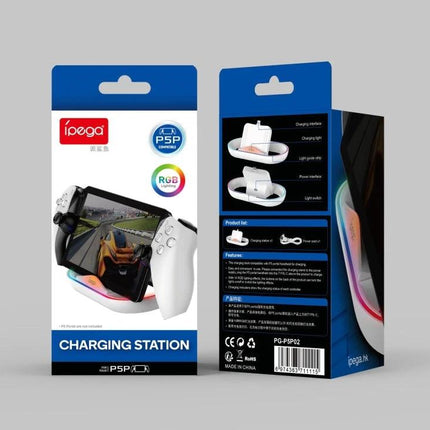 iPega Charging Base for Daily PlayStation Gaming at Home - white PS Portal charging station with RGB lights on desk