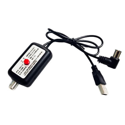 Antenna Signal Amplifier with Monitoring and Switch Indicators black inline amplifier with red switch and USB power cable