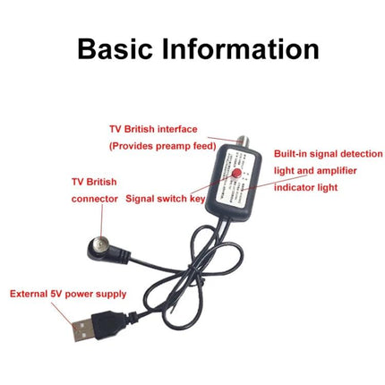 Antenna Signal Amplifier with Monitoring and Switch Indicators compact inline booster with TV British connector, USB 5V power and indicator lights