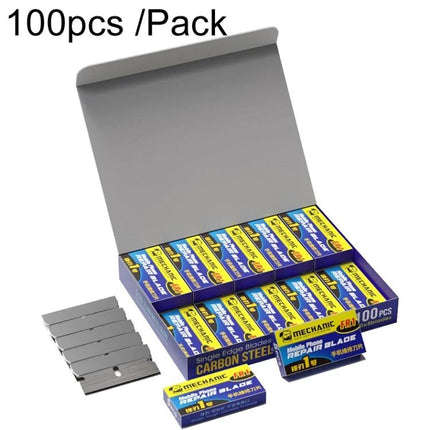 Mechanic Ultra-Thin Carbon Steel Repair Blade for Screen Work - 100pcs pack box of carbon steel repair blades for screen removal and glue scraping