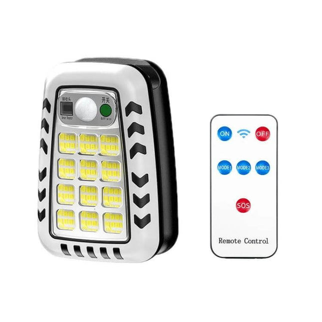 Garden Remote Control Solar Lights For Outdoor Use - white ABS 126-LED panel with motion sensor and handheld remote for patio, courtyard, garage