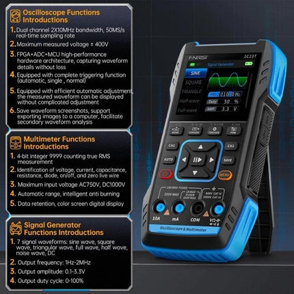 FNIRSI Handheld Digital Oscilloscope for Electronics Testing showing screen, controls, and specs for oscilloscope, multimeter, and signal generator
