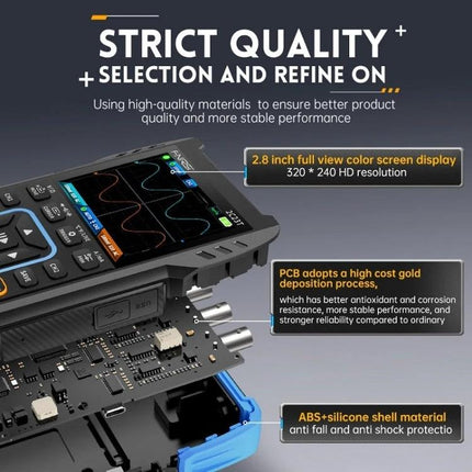 FNIRSI Handheld Digital Oscilloscope for Electronics Testing showing 2.8-inch color screen, PCB gold deposition and ABS silicone shell for field diagnostics