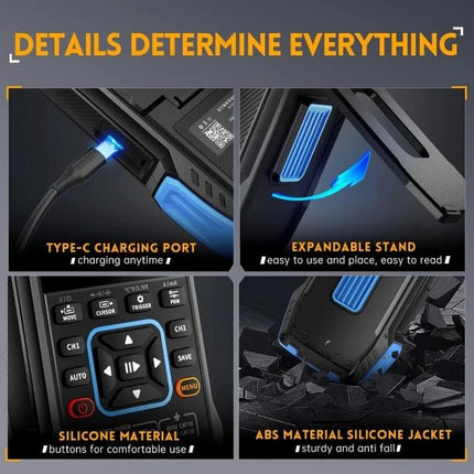 FNIRSI Handheld Digital Oscilloscope for Electronics Testing showing type-C charging port, expandable stand, silicone buttons and ABS silicone jacket