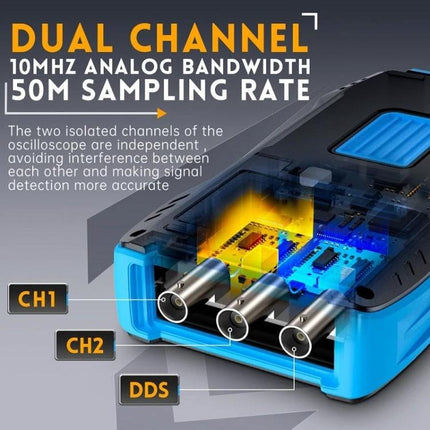 FNIRSI Handheld Digital Oscilloscope for Electronics Testing showcasing dual channel inputs, internal circuitry, 10MHz bandwidth and 50M sampling rate