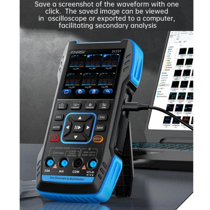 FNIRSI Handheld Digital Oscilloscope for Electronics Testing showing handheld oscilloscope with multimeter functions connected to laptop for waveform capture
