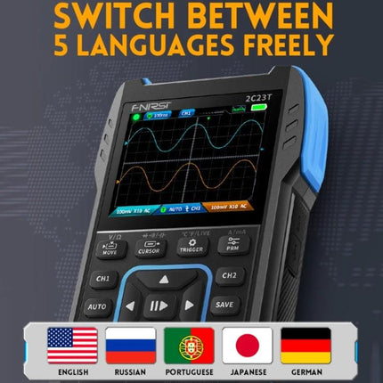 FNIRSI Handheld Digital Oscilloscope for Electronics Testing showing dual-channel waveform display and language selection icons