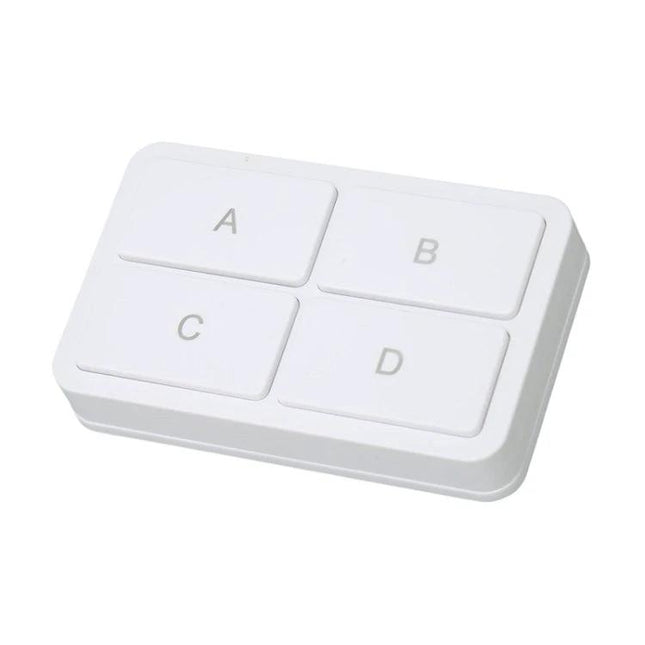 Wireless 4-Key Remote Switch for Smart Home Control — white 4-button remote labeled A B C D for lighting, appliances, and SOS control