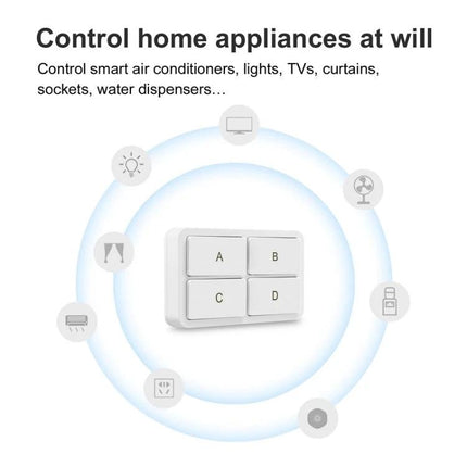 Wireless 4-Key Remote Switch for Smart Home Control - white 4-button wireless remote controlling lights, AC, TV, curtains and appliances
