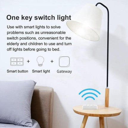 Wireless 4-Key Remote Switch for Smart Home Control on bedside table controlling lamp and smart lights