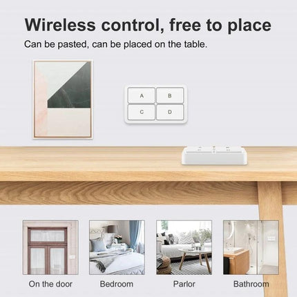 Wireless 4-Key Remote Switch for Smart Home Control mounted or placed on table showing four-button remote used for lights, bedroom, parlor, bathroom