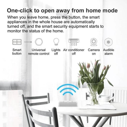 Wireless 4-Key Remote Switch for Smart Home Control on dining table showing one-click away from home mode icons for lights AC camera alarm